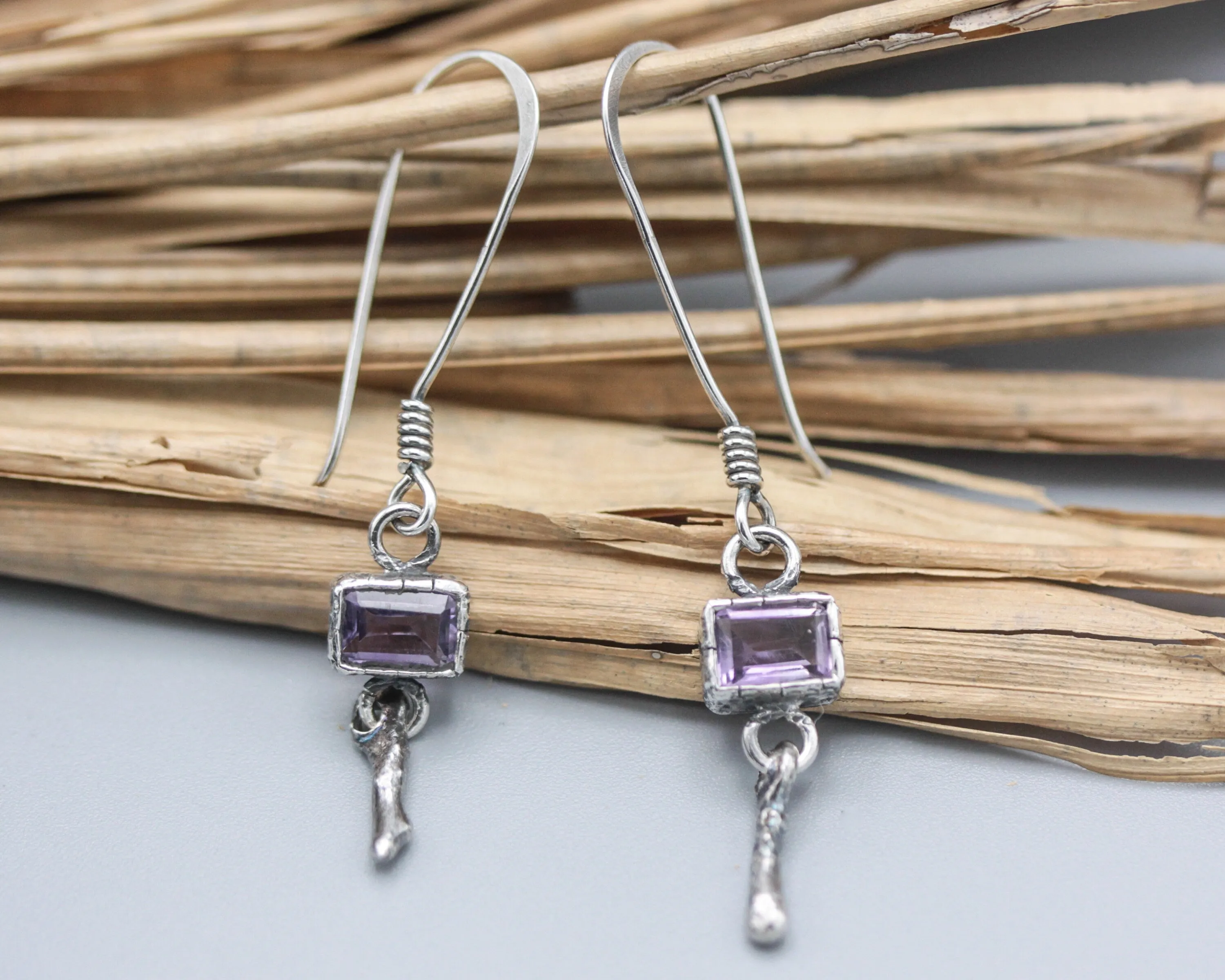 Princess cut Amethyst earrings in silver bezel setting with silver sticks and hooks style on the top