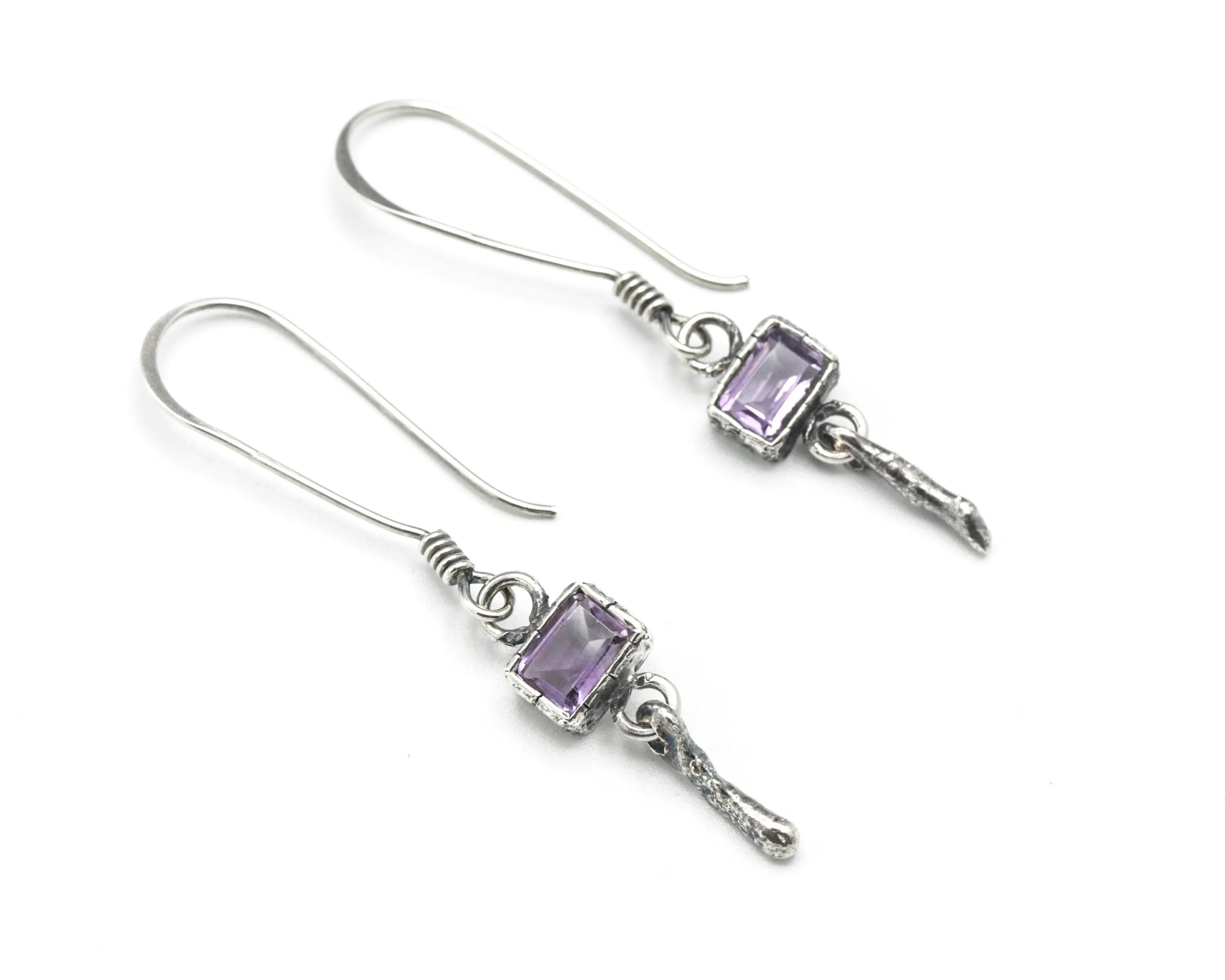 Princess cut Amethyst earrings in silver bezel setting with silver sticks and hooks style on the top