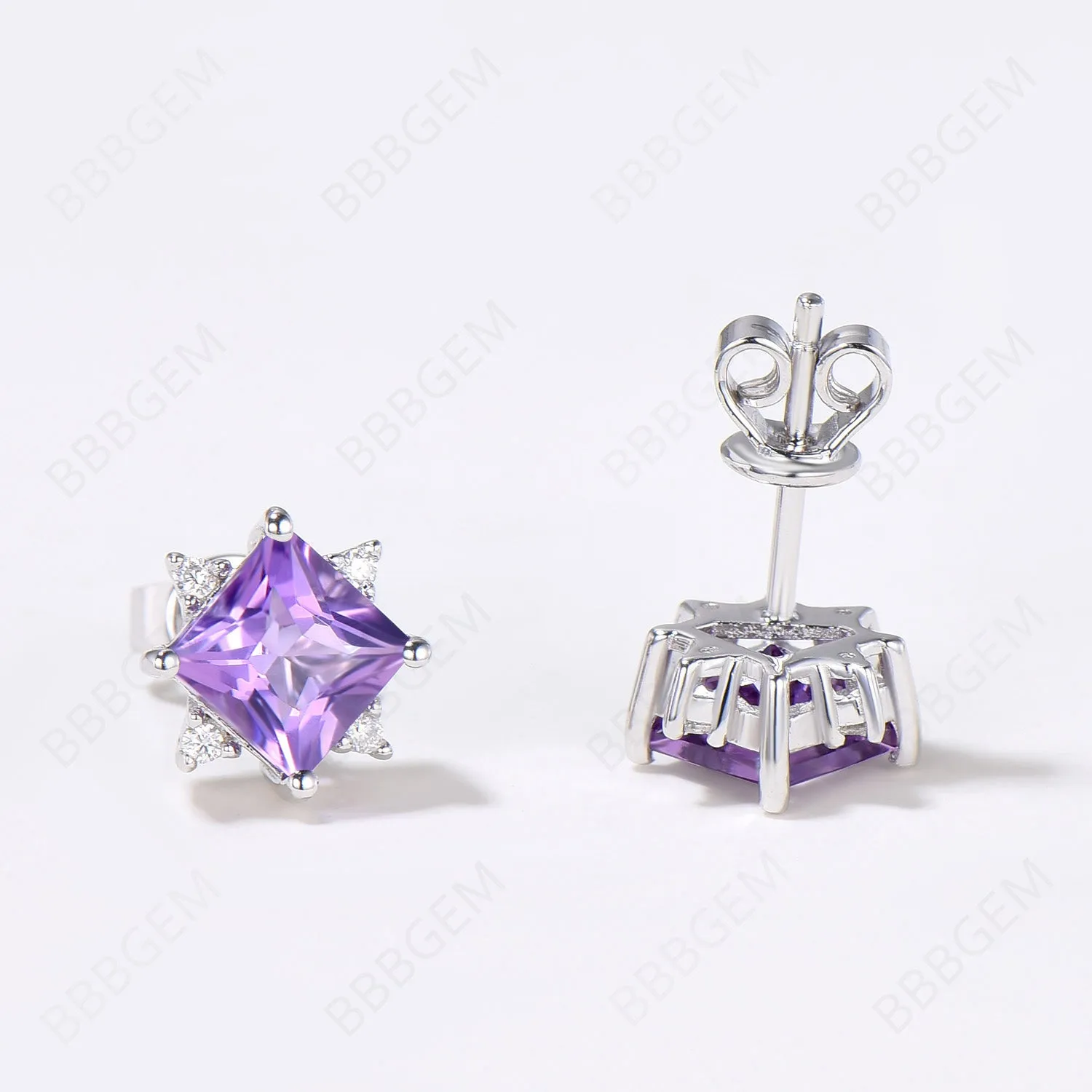 Princess Cut Natural Amethyst Stud Earrings 5 Stone Earrings