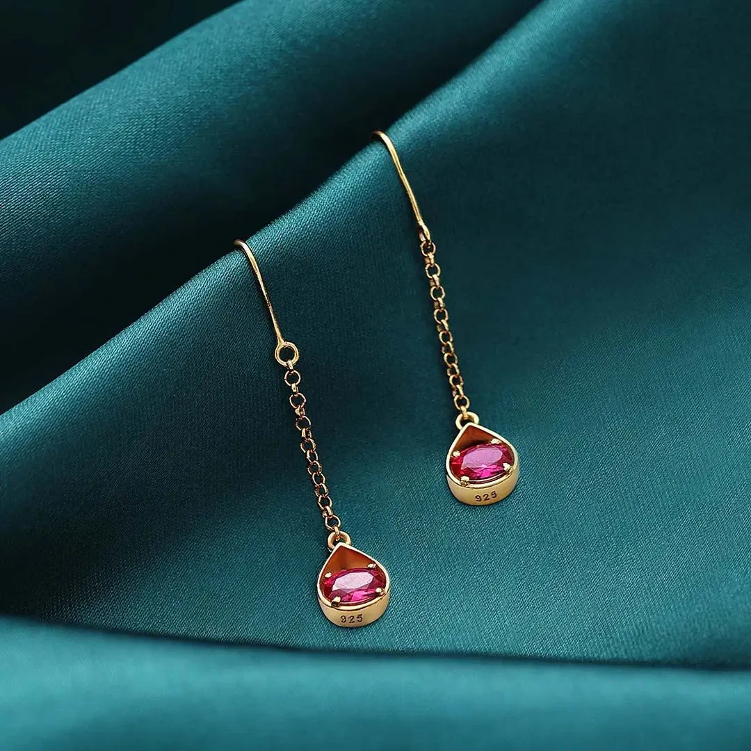 Pure Silver Earrings - Ruby Long Drop With Gold Finish