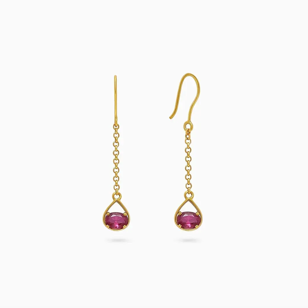 Pure Silver Earrings - Ruby Long Drop With Gold Finish