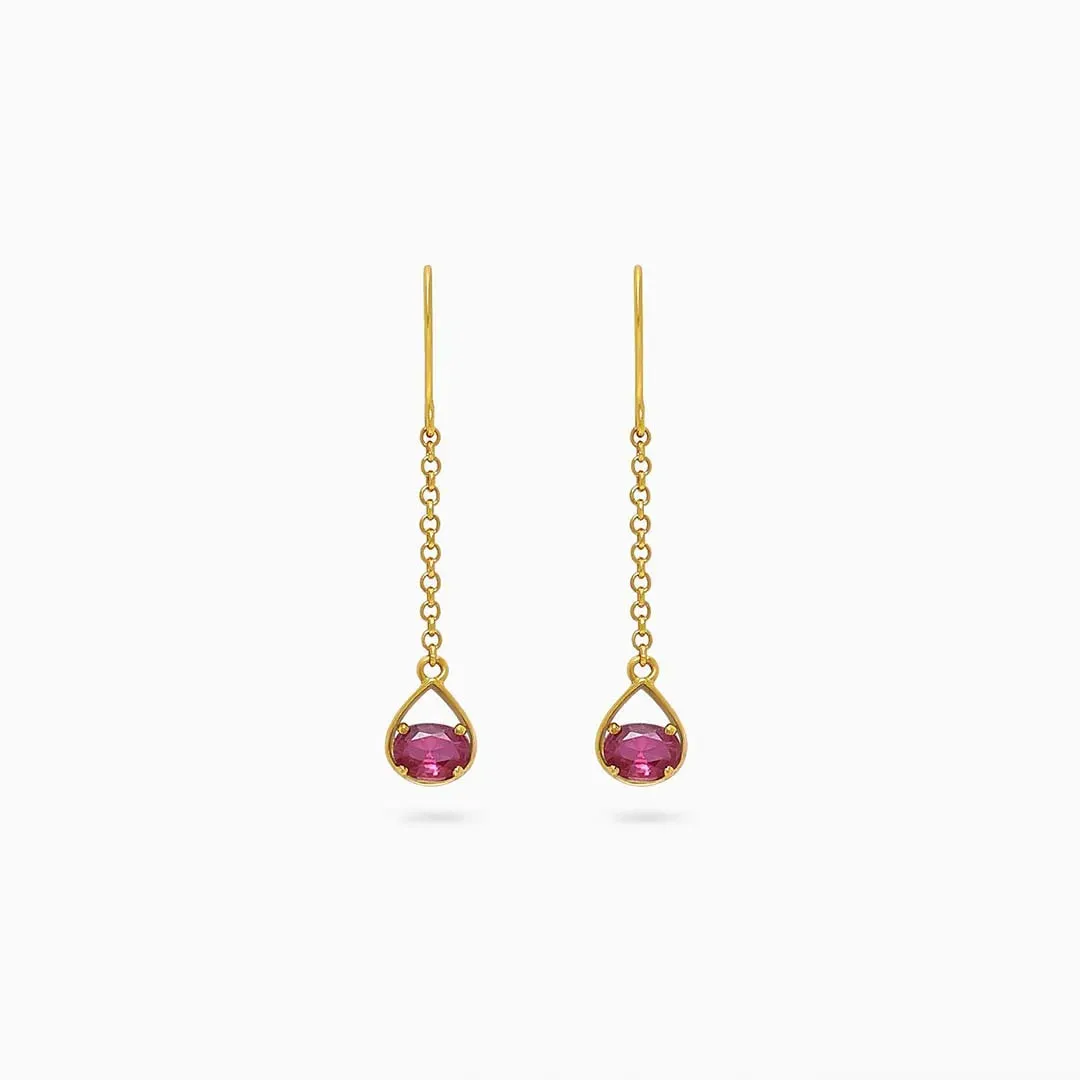 Pure Silver Earrings - Ruby Long Drop With Gold Finish