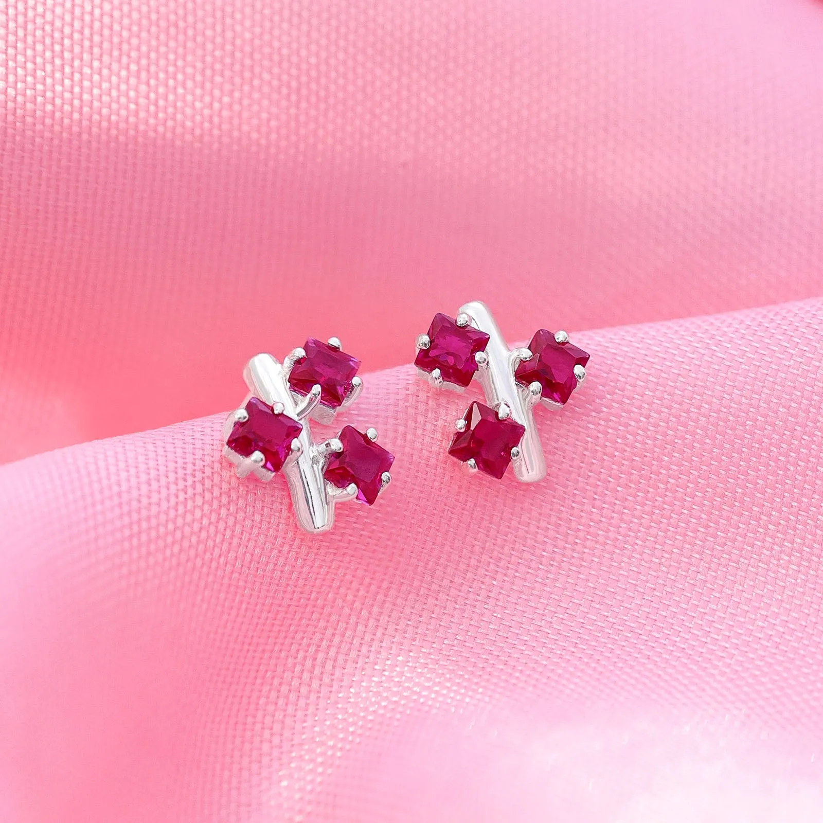 Pure Silver Earrings - Triple Pink Ruby Blossom
