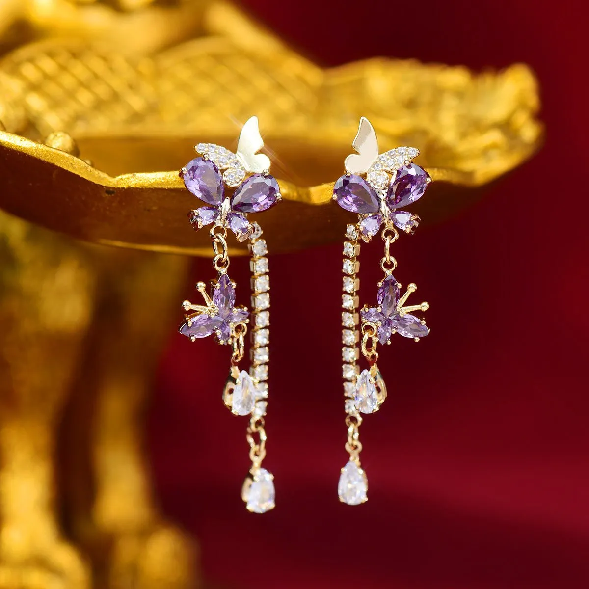 Purple Butterfly Drop Earrings