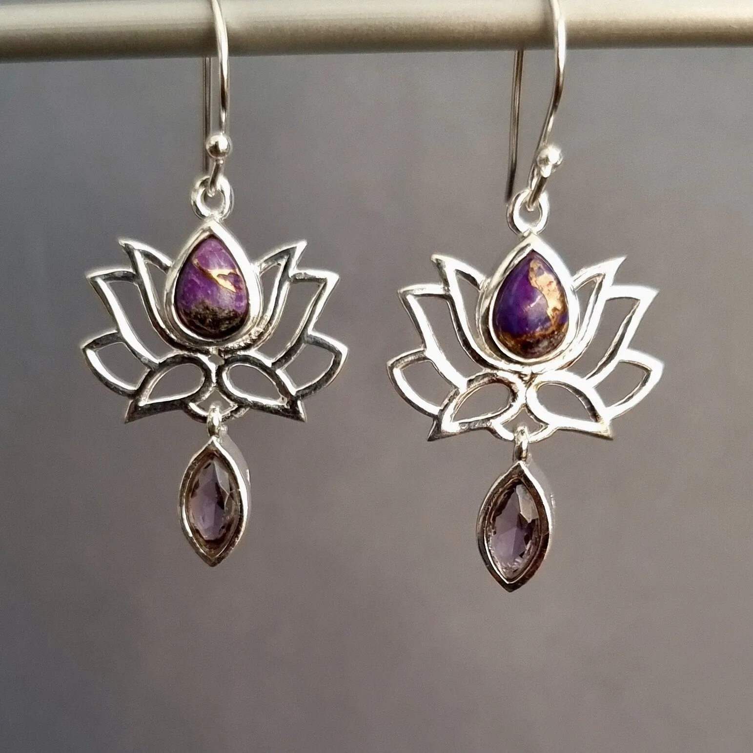 Purple Copper Turquoise with Amethyst Lotus Flower Dangle Earrings, 925 Sterling Silver, E64PCTA