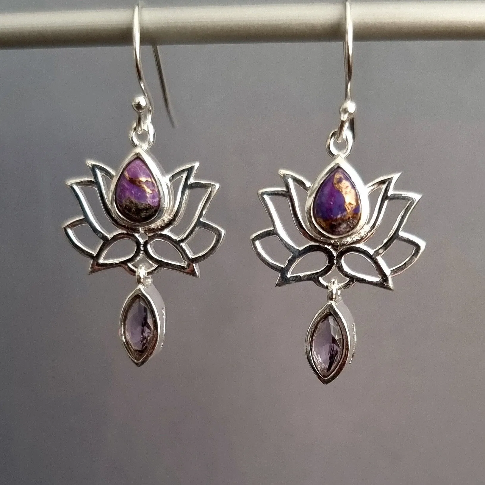 Purple Copper Turquoise with Amethyst Lotus Flower Dangle Earrings, 925 Sterling Silver, E64PCTA