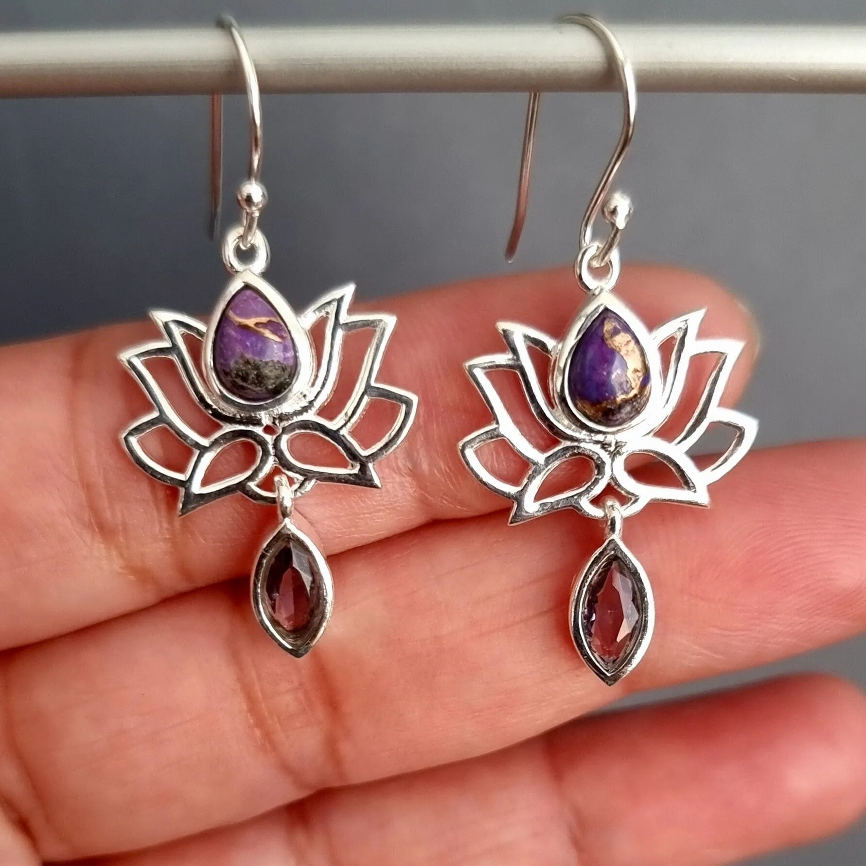 Purple Copper Turquoise with Amethyst Lotus Flower Dangle Earrings, 925 Sterling Silver, E64PCTA