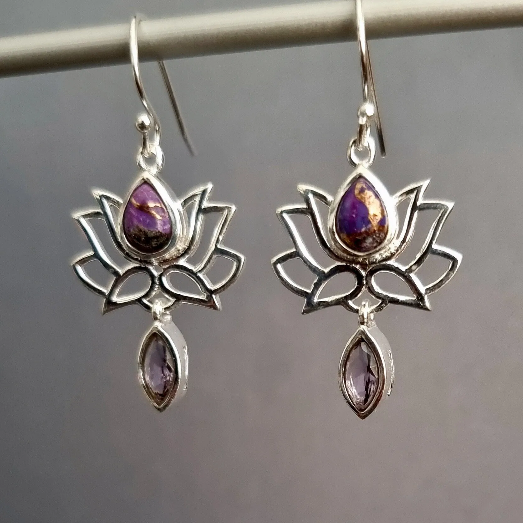 Purple Copper Turquoise with Amethyst Lotus Flower Dangle Earrings, 925 Sterling Silver, E64PCTA