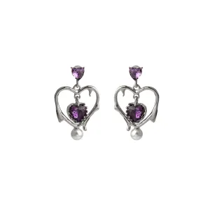 Purple Crystal & Pearl Silver-Plated Open Heart Drop Earrings