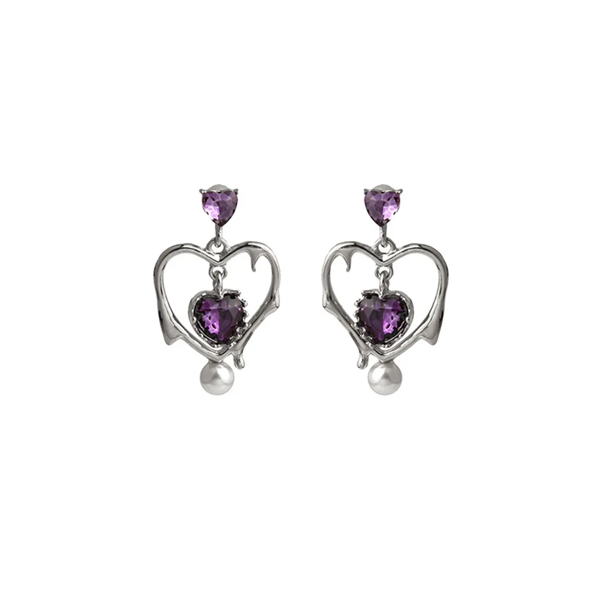Purple Crystal & Pearl Silver-Plated Open Heart Drop Earrings