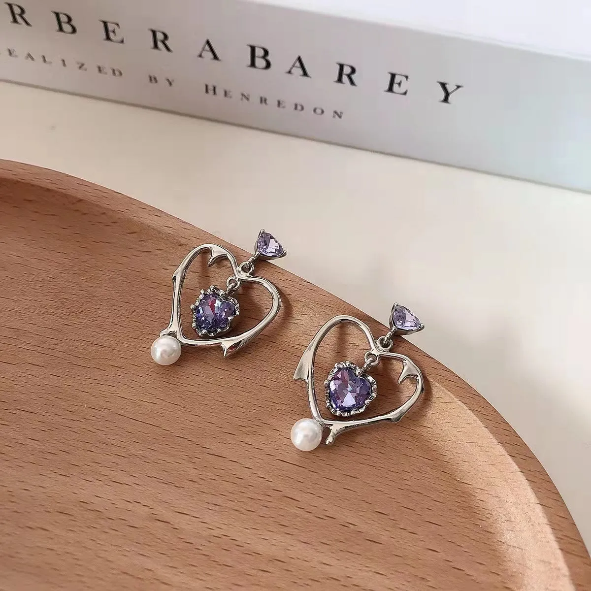 Purple Crystal & Pearl Silver-Plated Open Heart Drop Earrings