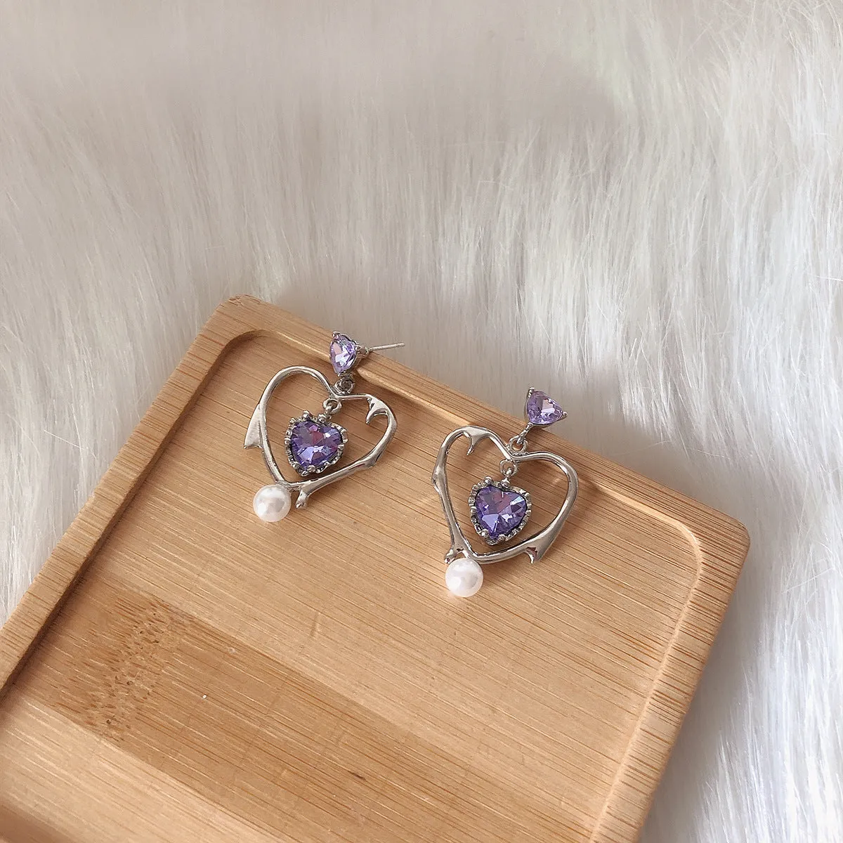 Purple Crystal & Pearl Silver-Plated Open Heart Drop Earrings