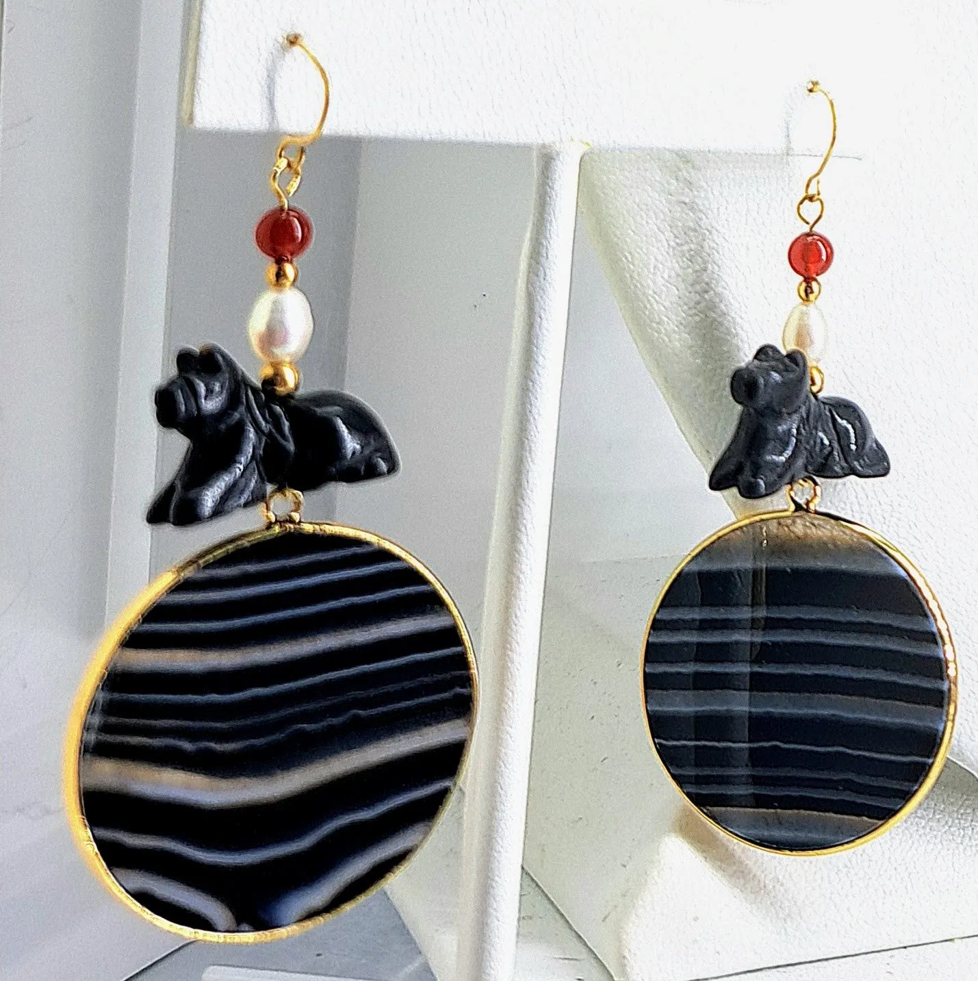 "I Dig A Pony" 3" Earrings By Barb - Black Jade, Agate, Pearl, Carnelian, 14K Gold