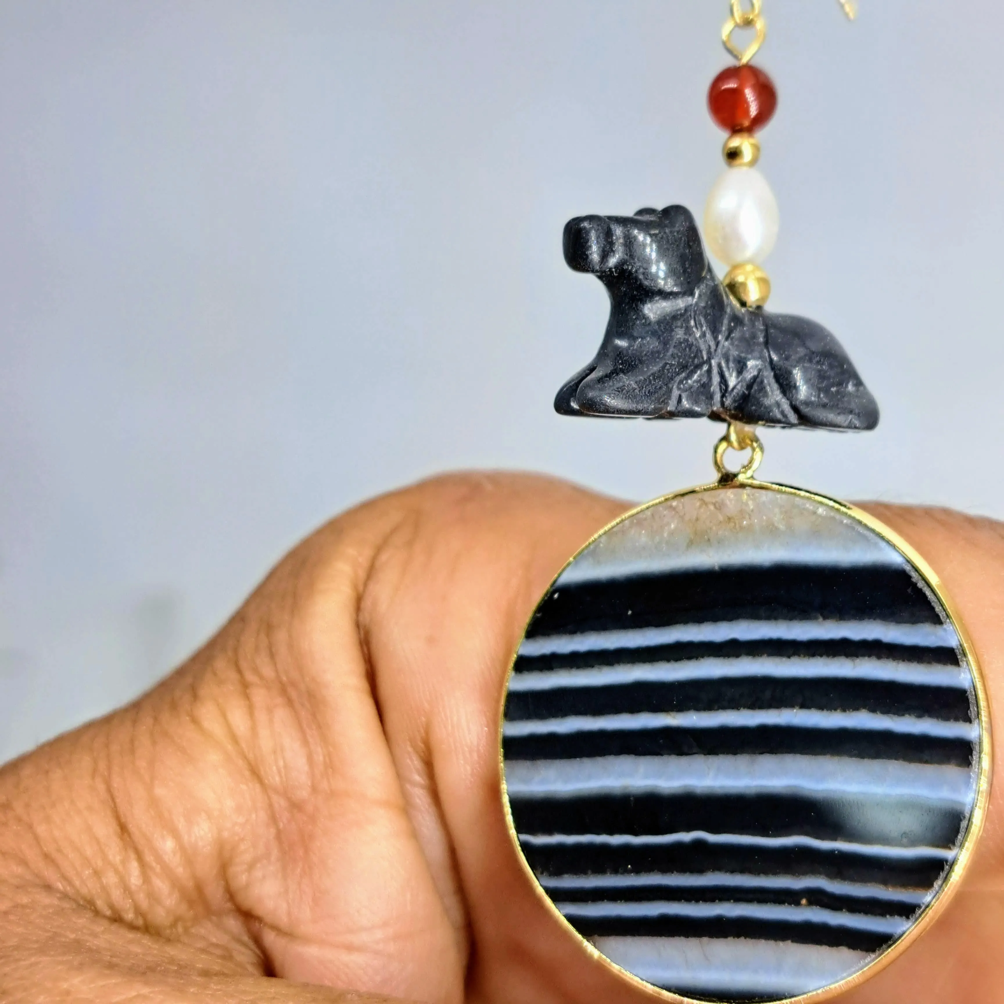 "I Dig A Pony" 3" Earrings By Barb - Black Jade, Agate, Pearl, Carnelian, 14K Gold