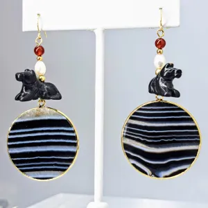 "I Dig A Pony" 3" Earrings By Barb - Black Jade, Agate, Pearl, Carnelian, 14K Gold