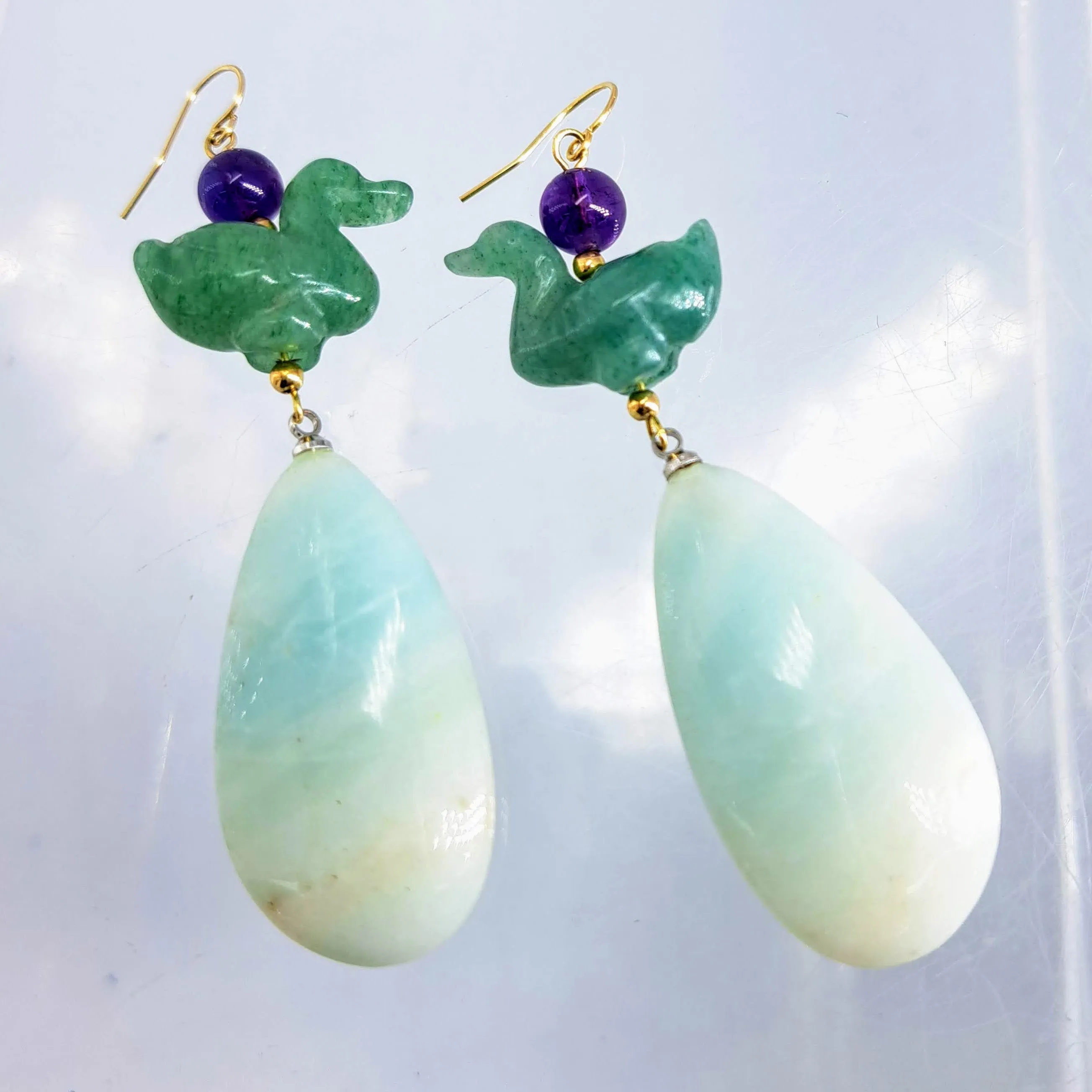 "Lucky Duck" 2.75" Earrings By Barb - Aventurine, Amethyst, Amazonite, 14K Gold, Sterling Accents