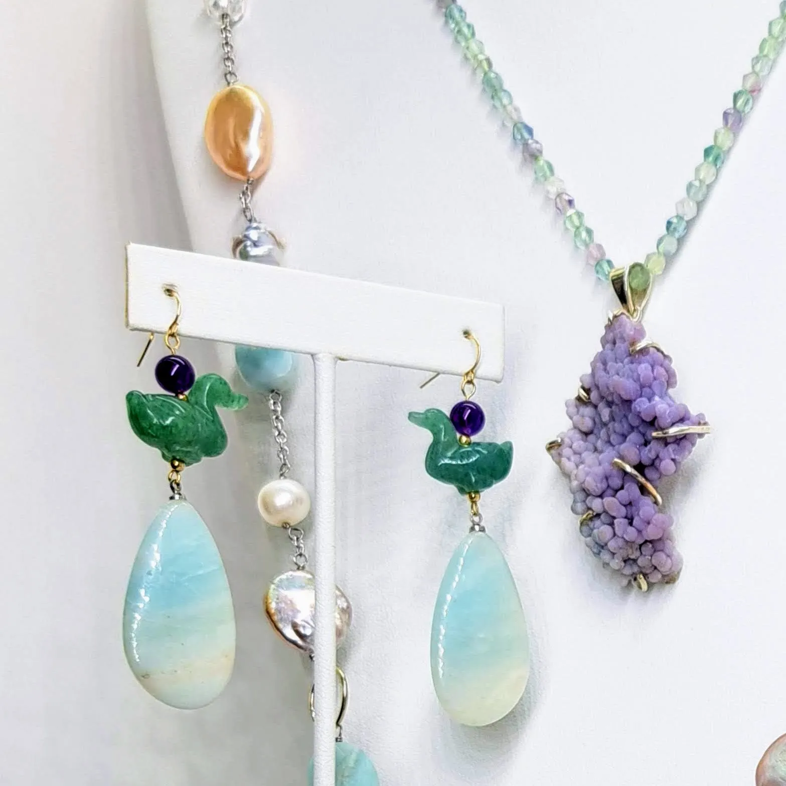 "Lucky Duck" 2.75" Earrings By Barb - Aventurine, Amethyst, Amazonite, 14K Gold, Sterling Accents