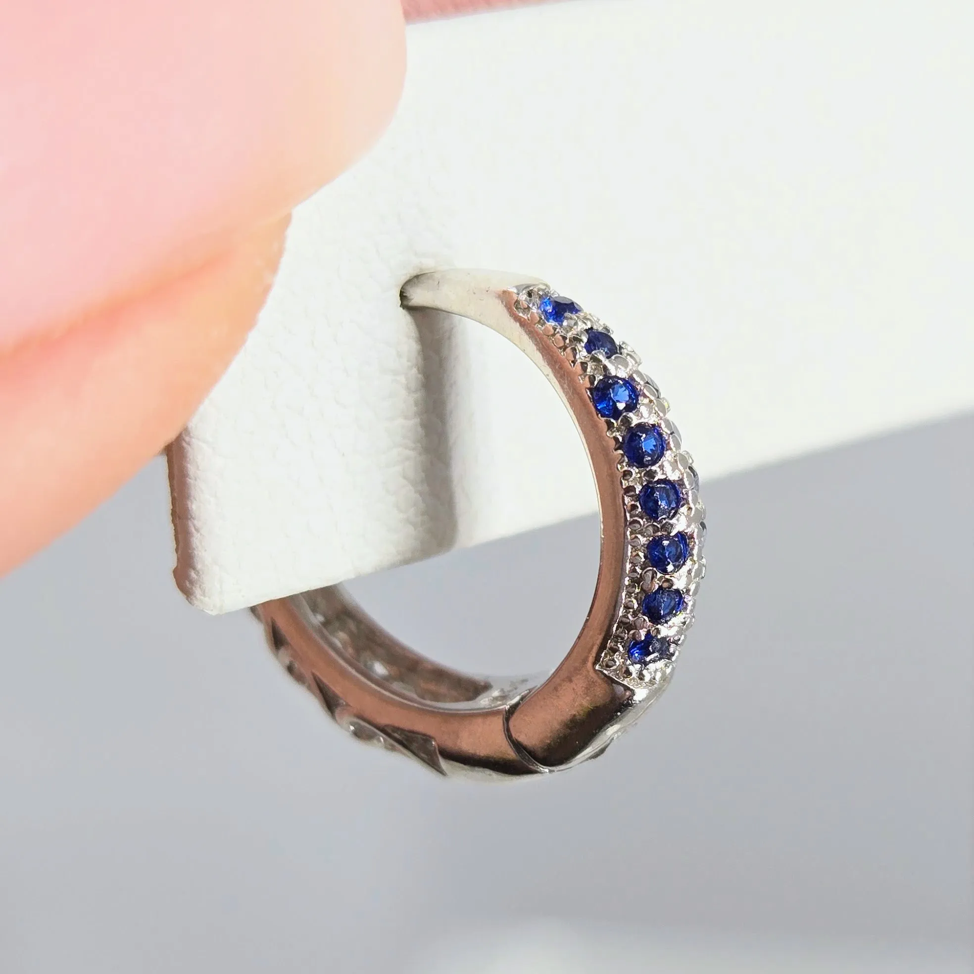 "Sapphire Huggie Hoops" .5" Earrings - Sapphire, Anti-tarnish Sterling