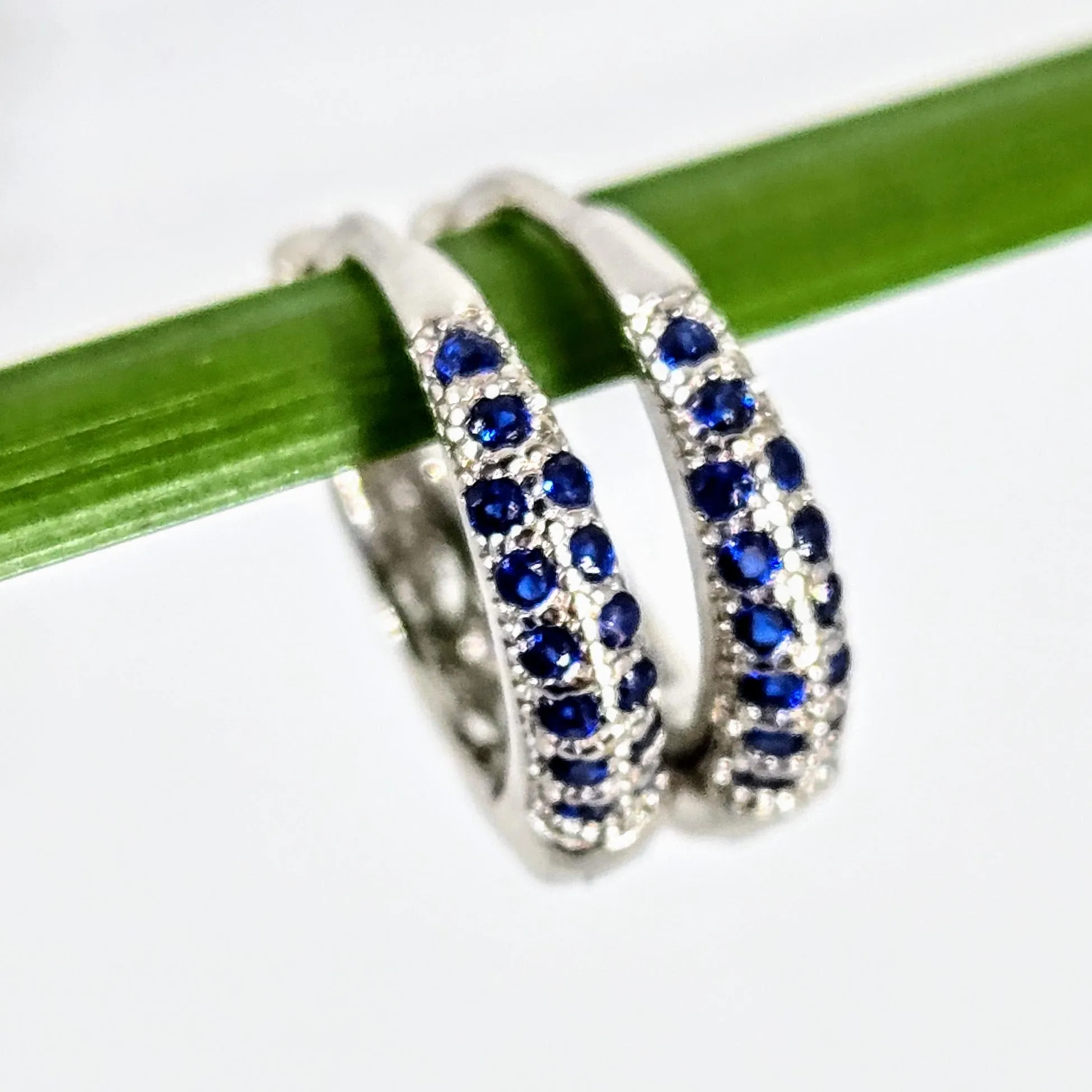 "Sapphire Huggie Hoops" .5" Earrings - Sapphire, Anti-tarnish Sterling