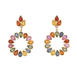Rainbow Sapphire Earrings Estate 18k Yellow Gold Drop Hoops Fine Jewelry