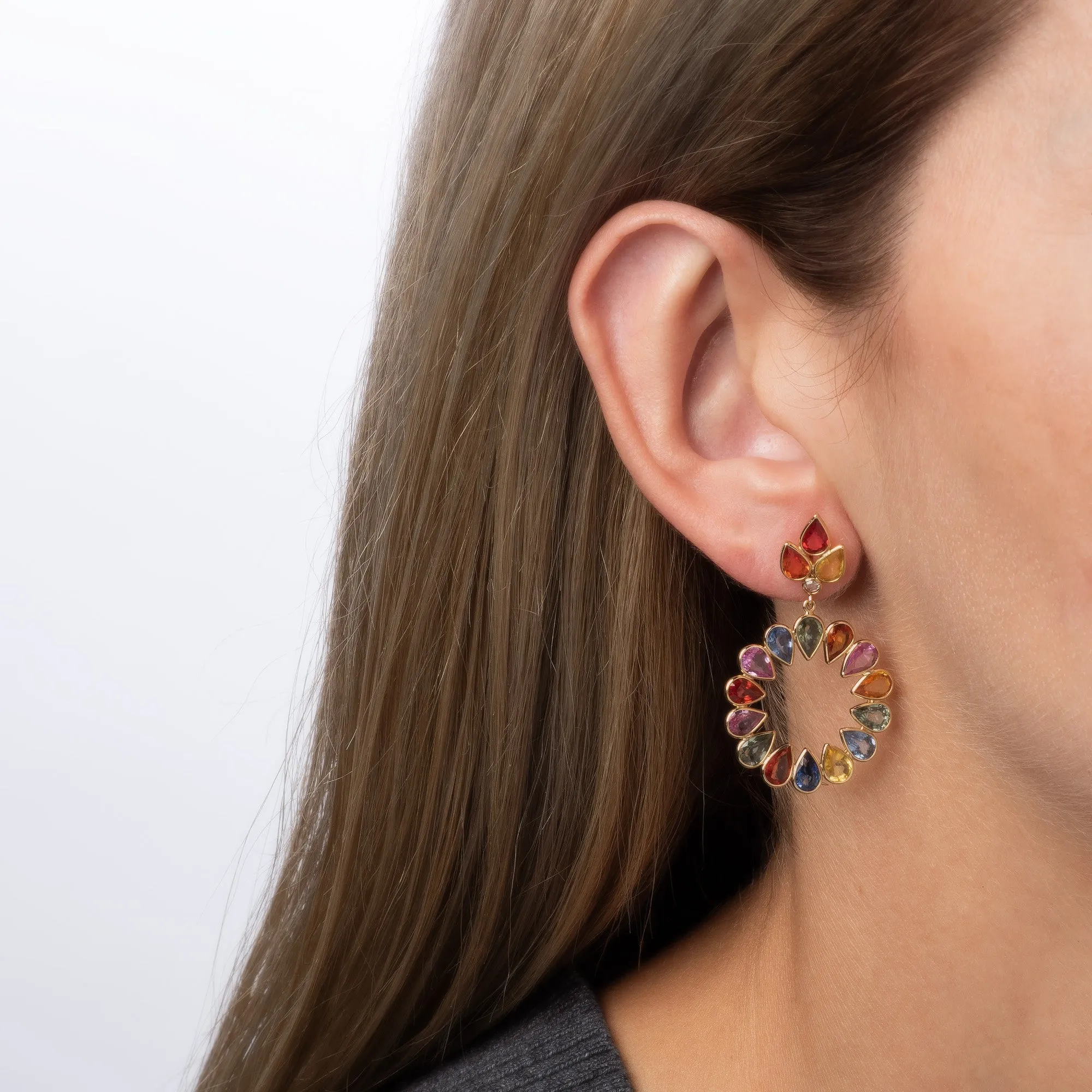 Rainbow Sapphire Earrings Estate 18k Yellow Gold Drop Hoops Fine Jewelry