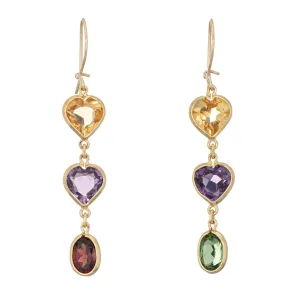 Rainbow Semi Precious Gemstone Earrings Heart Drops Estate 14k Yellow Gold 1.75"