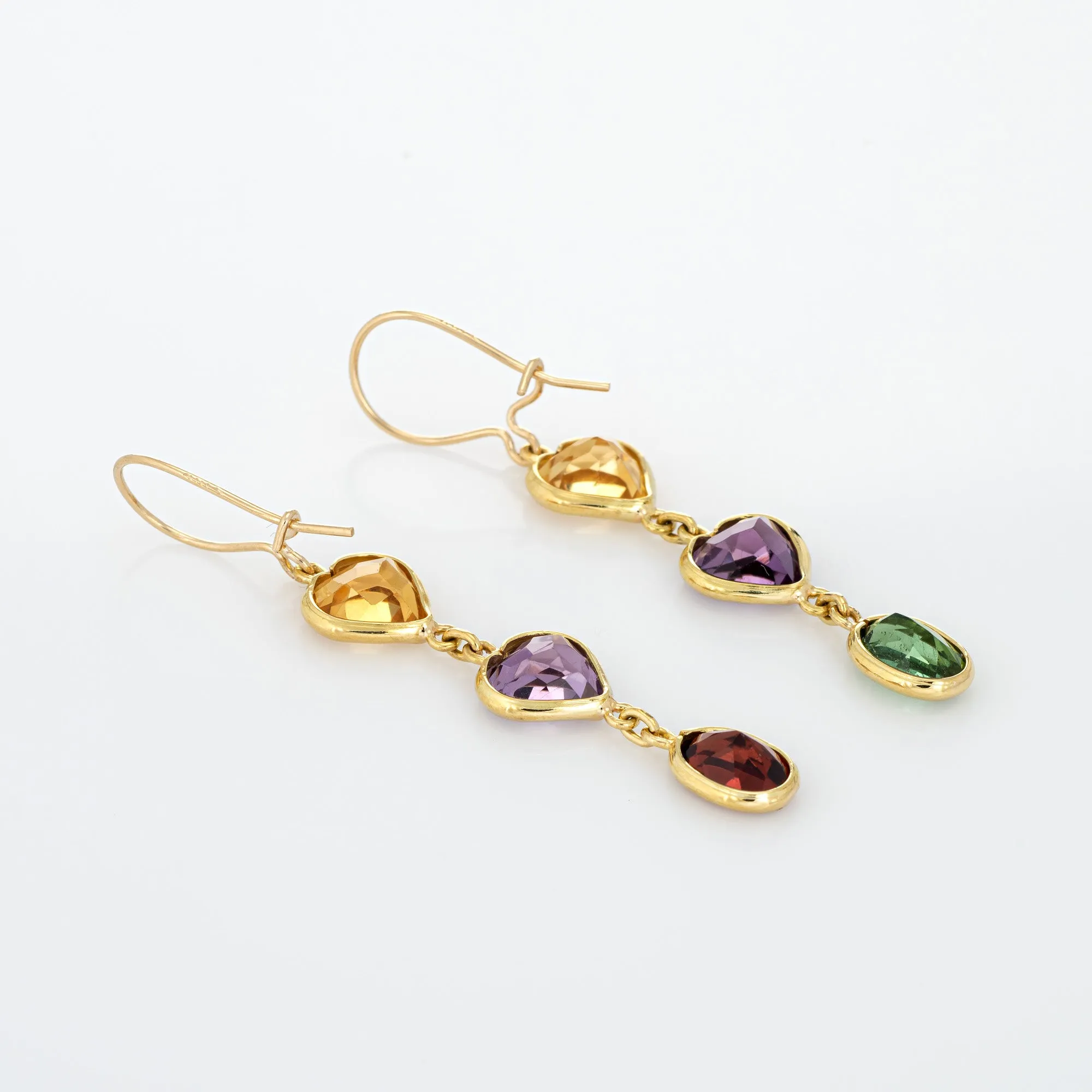 Rainbow Semi Precious Gemstone Earrings Heart Drops Estate 14k Yellow Gold 1.75"