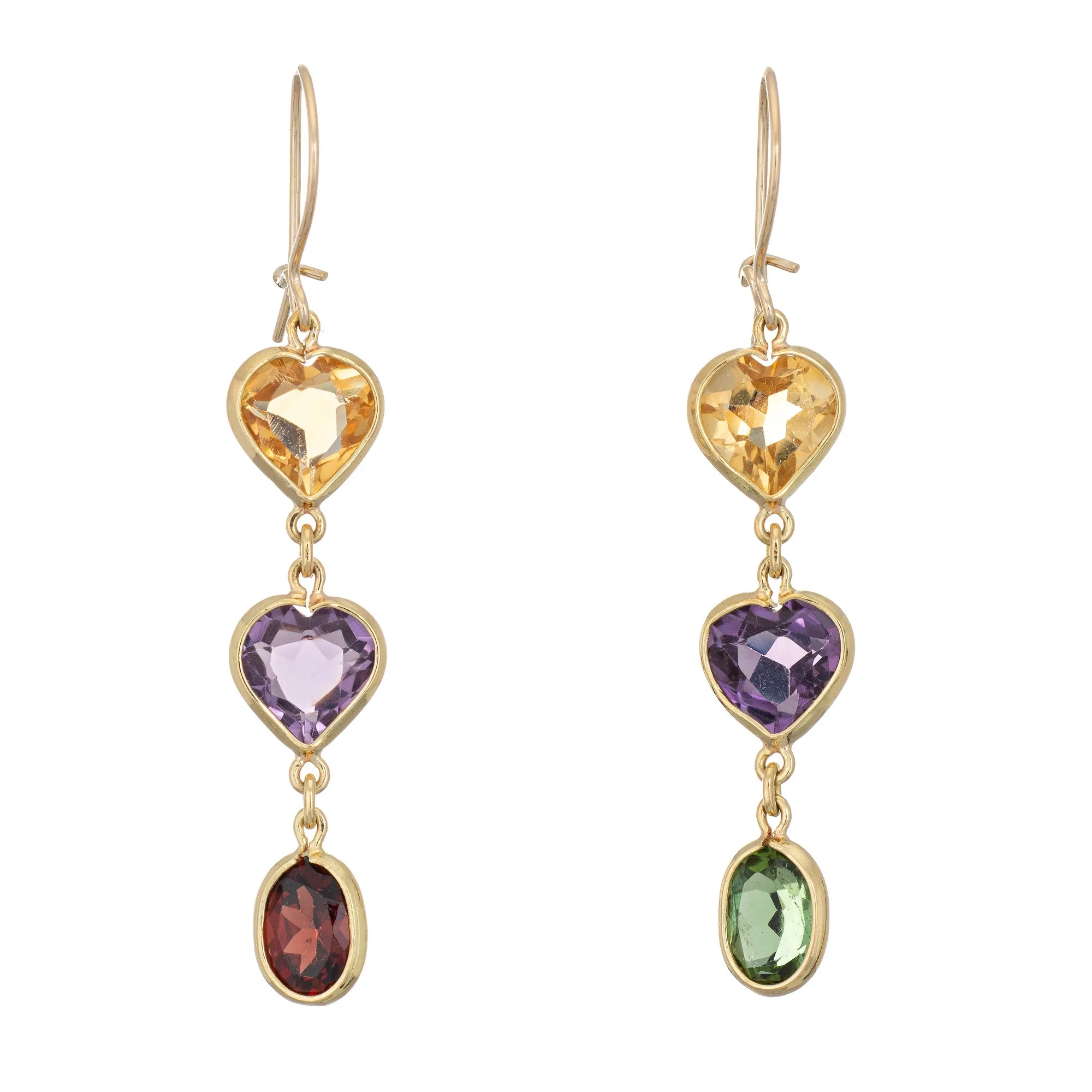 Rainbow Semi Precious Gemstone Earrings Heart Drops Estate 14k Yellow Gold 1.75"