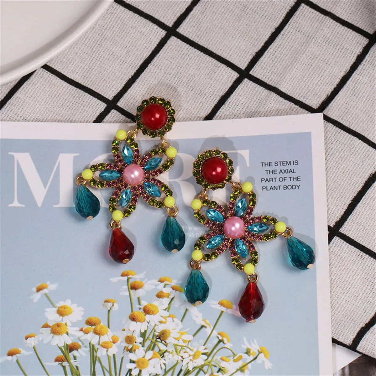 Red & Blue Crystal Pearl Star Drop Earrings
