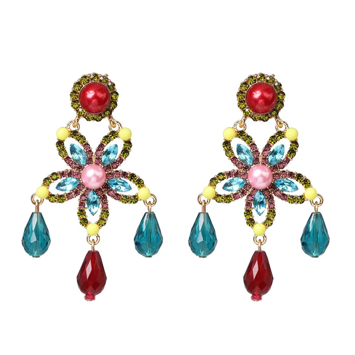 Red & Blue Crystal Pearl Star Drop Earrings