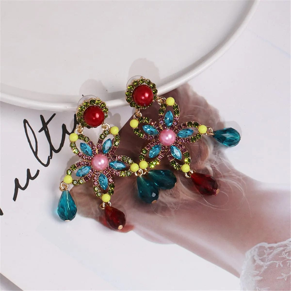 Red & Blue Crystal Pearl Star Drop Earrings