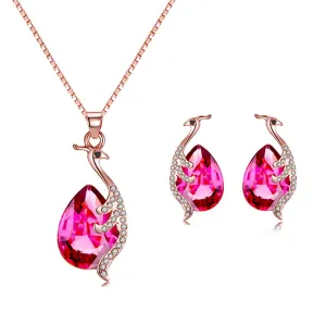 Red Crystal & Cubic Zirconia Peacock Pendant Necklace & Earrings