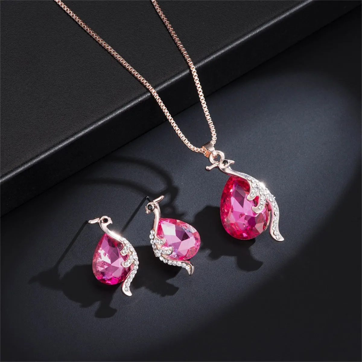 Red Crystal & Cubic Zirconia Peacock Pendant Necklace & Earrings