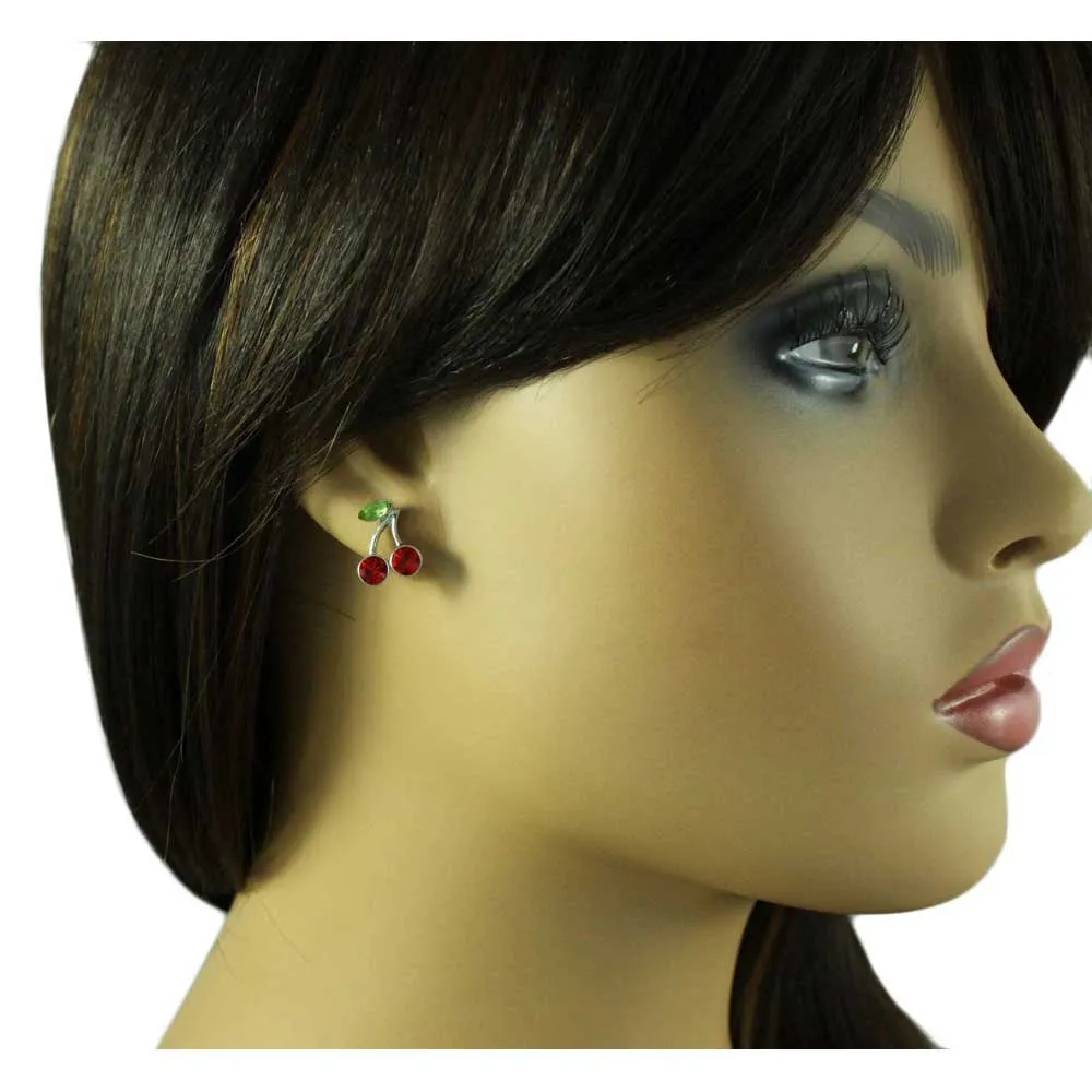 Red Crystal Cherries with Green Crystal Leaf Earring - REC919