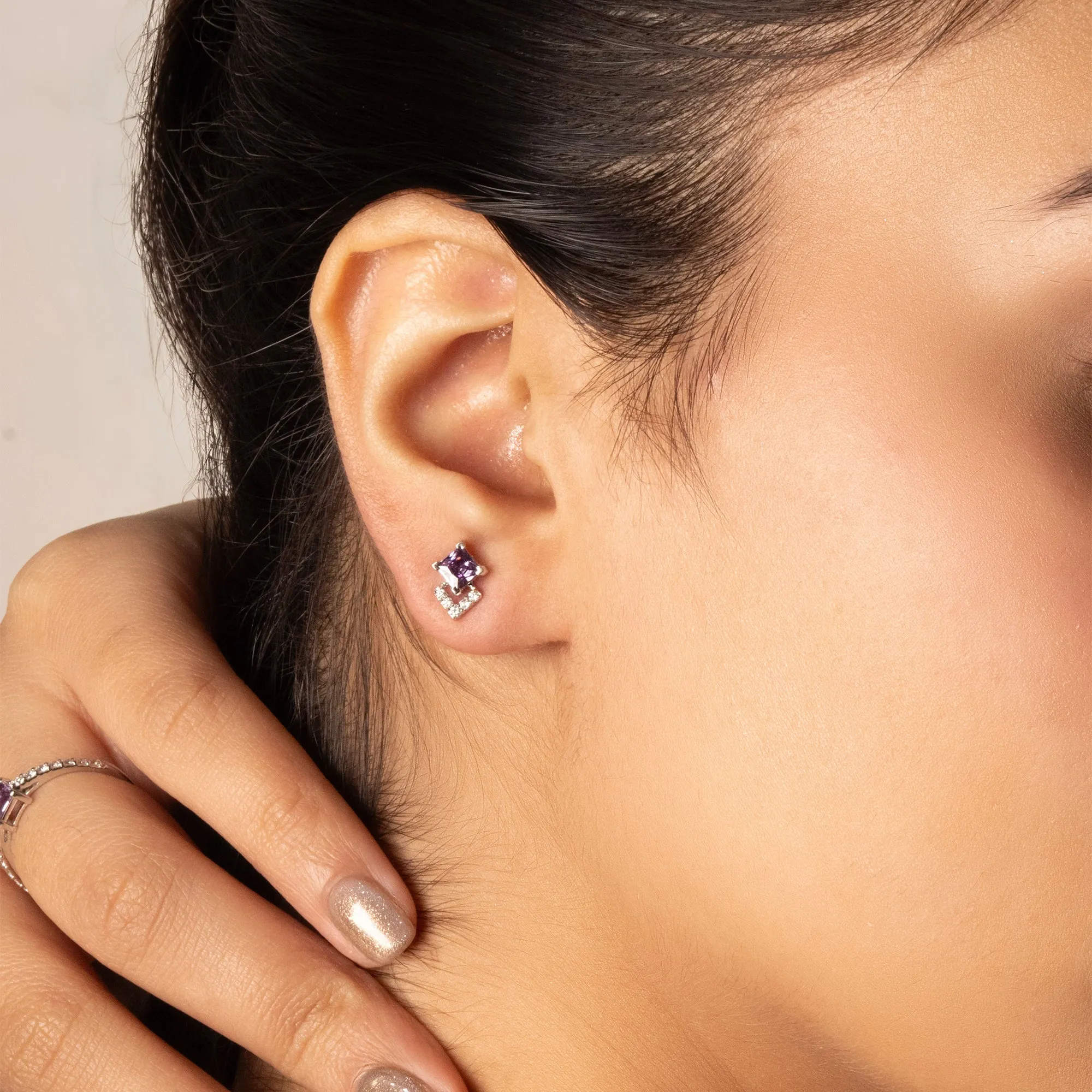 Regal Amethyst Studs - Lab Diamond Earrings