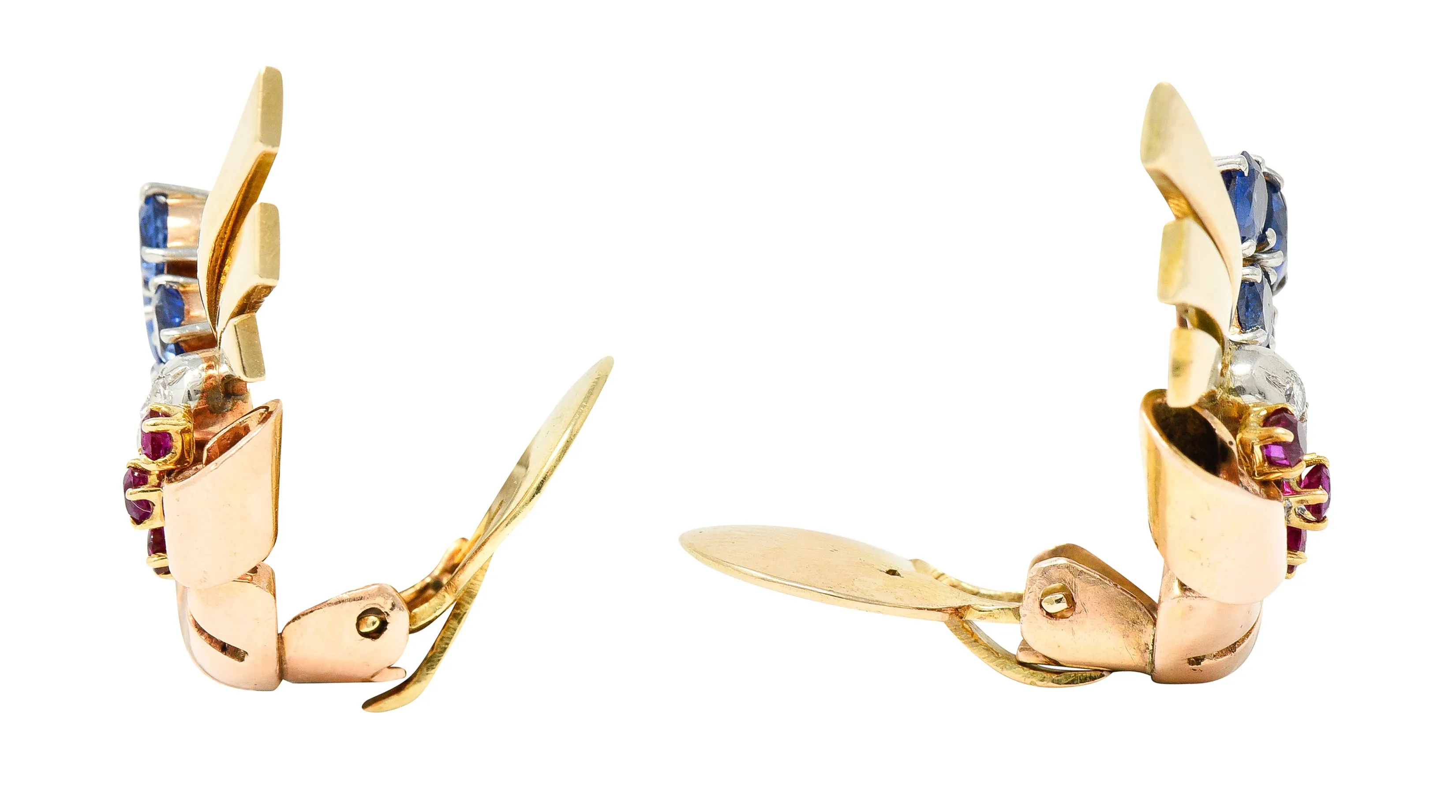 Retro 3.82 CTW Ruby Sapphire Diamond Platinum 14 Karat Two-Tone Gold Ear-Clip Earrings