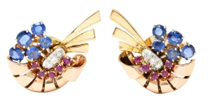 Retro 3.82 CTW Ruby Sapphire Diamond Platinum 14 Karat Two-Tone Gold Ear-Clip Earrings