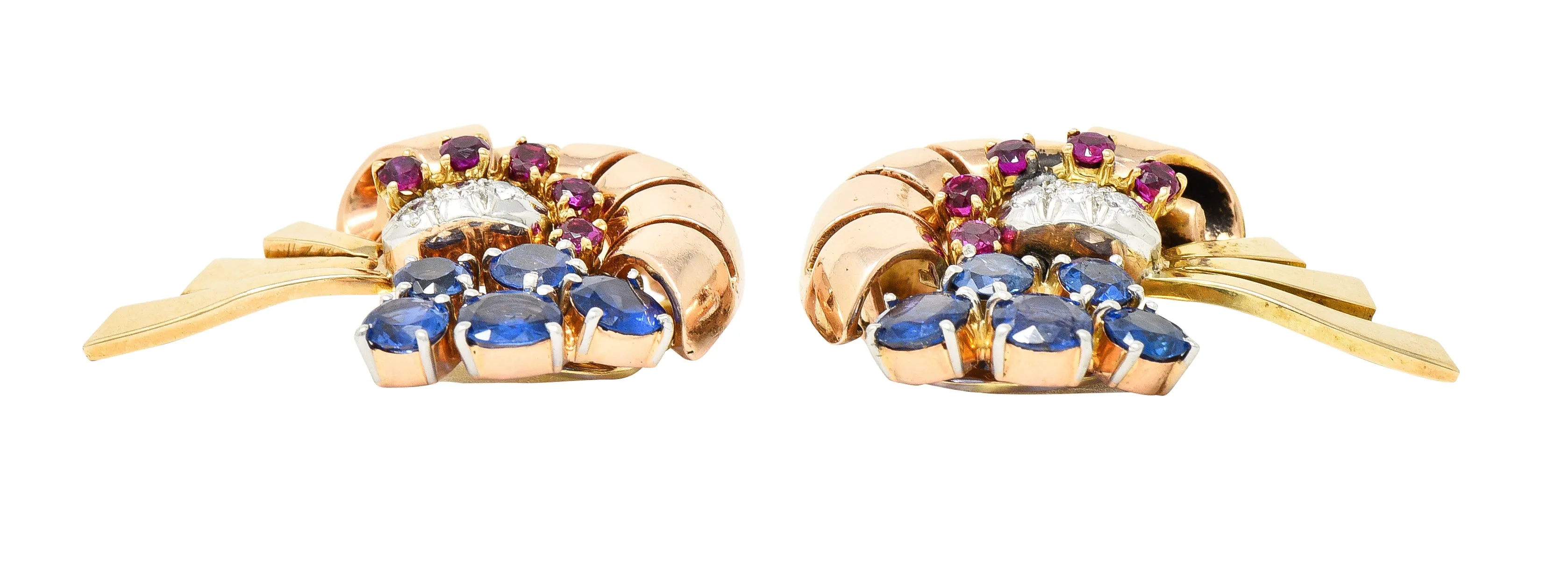 Retro 3.82 CTW Ruby Sapphire Diamond Platinum 14 Karat Two-Tone Gold Ear-Clip Earrings