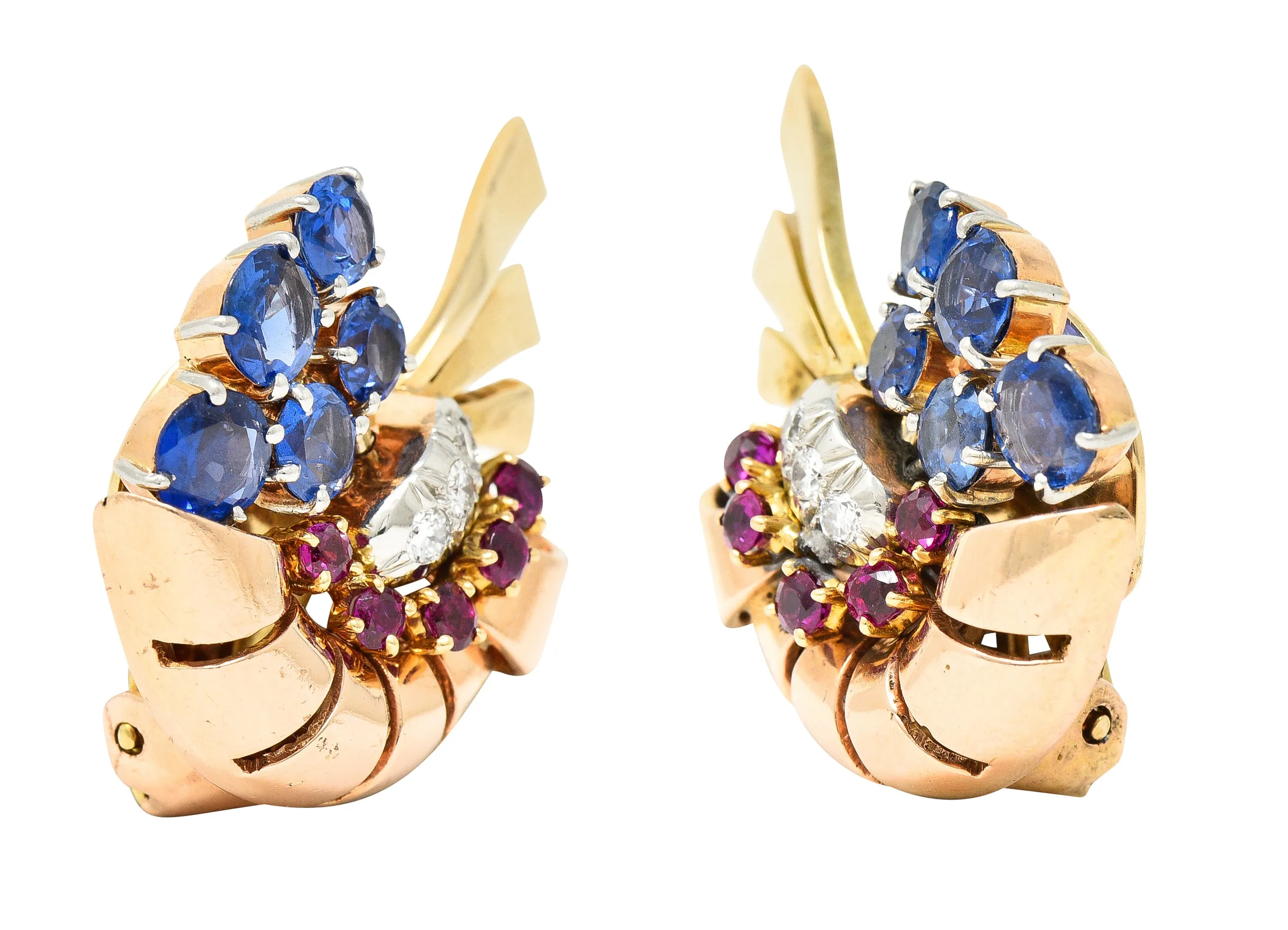 Retro 3.82 CTW Ruby Sapphire Diamond Platinum 14 Karat Two-Tone Gold Ear-Clip Earrings
