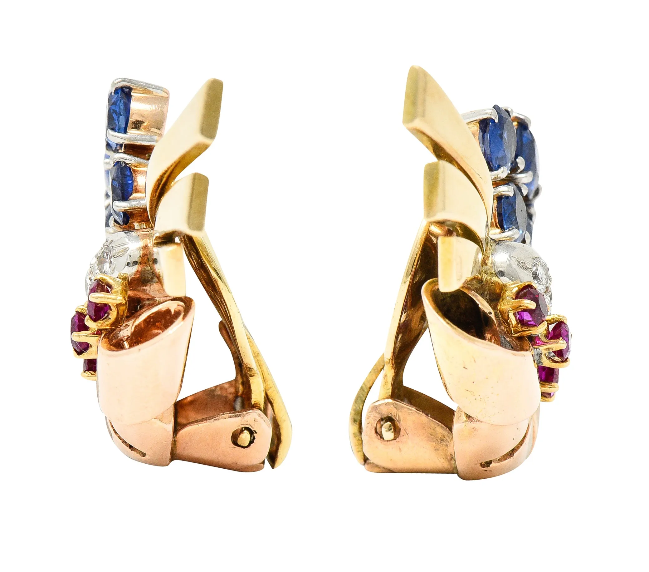 Retro 3.82 CTW Ruby Sapphire Diamond Platinum 14 Karat Two-Tone Gold Ear-Clip Earrings