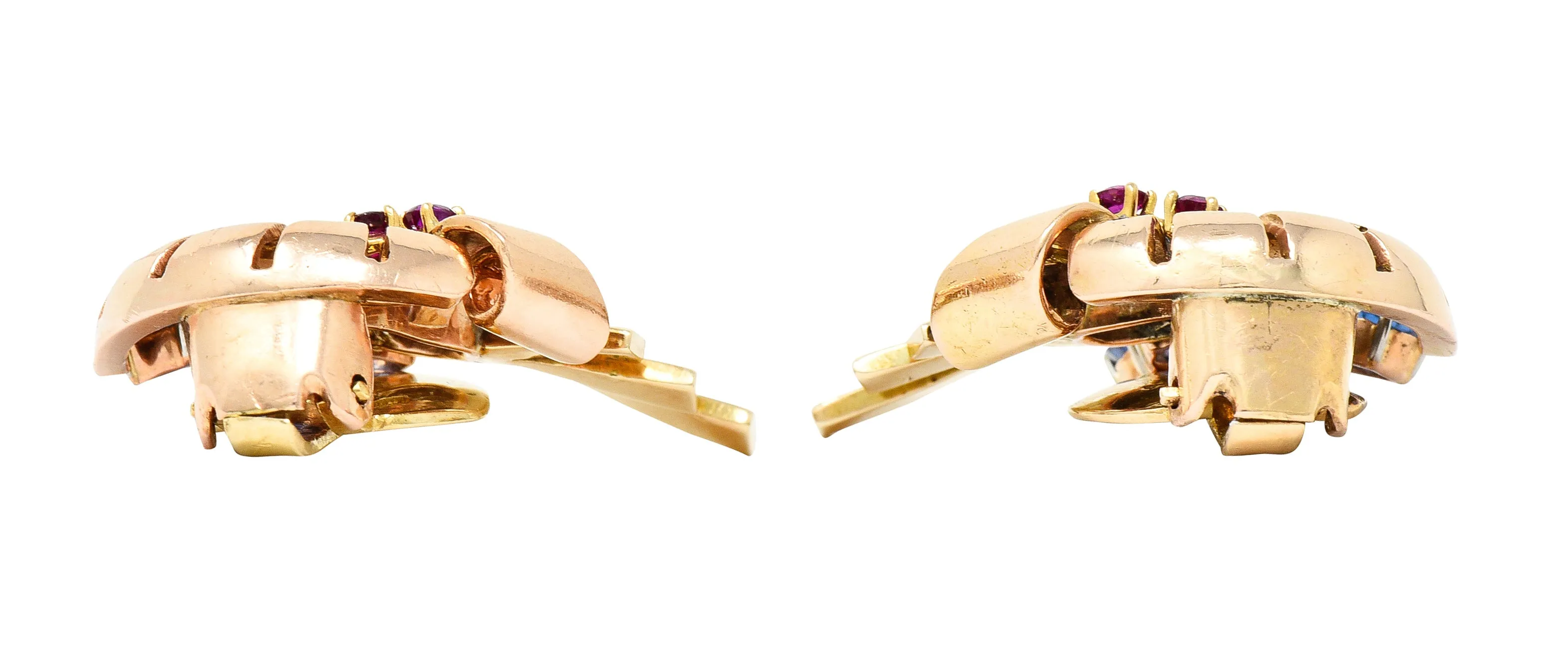 Retro 3.82 CTW Ruby Sapphire Diamond Platinum 14 Karat Two-Tone Gold Ear-Clip Earrings