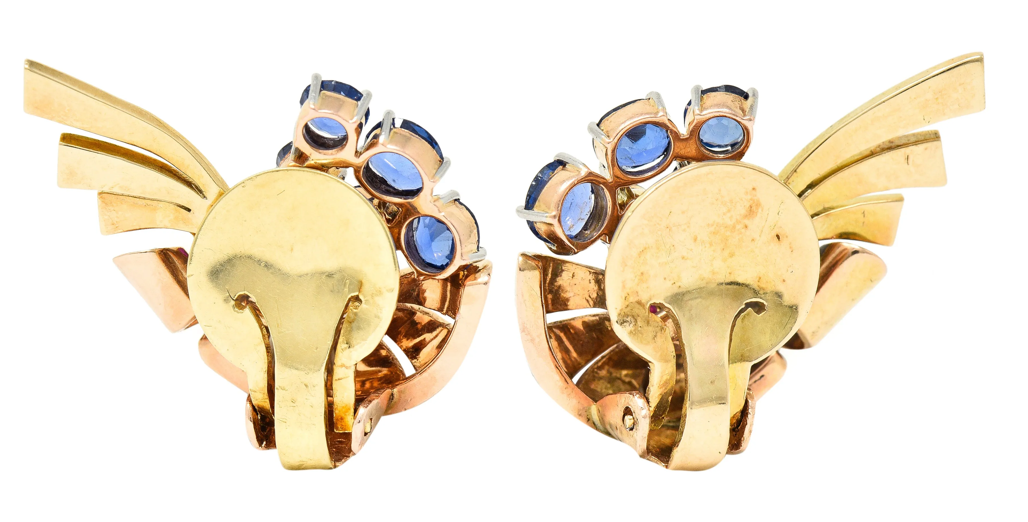 Retro 3.82 CTW Ruby Sapphire Diamond Platinum 14 Karat Two-Tone Gold Ear-Clip Earrings