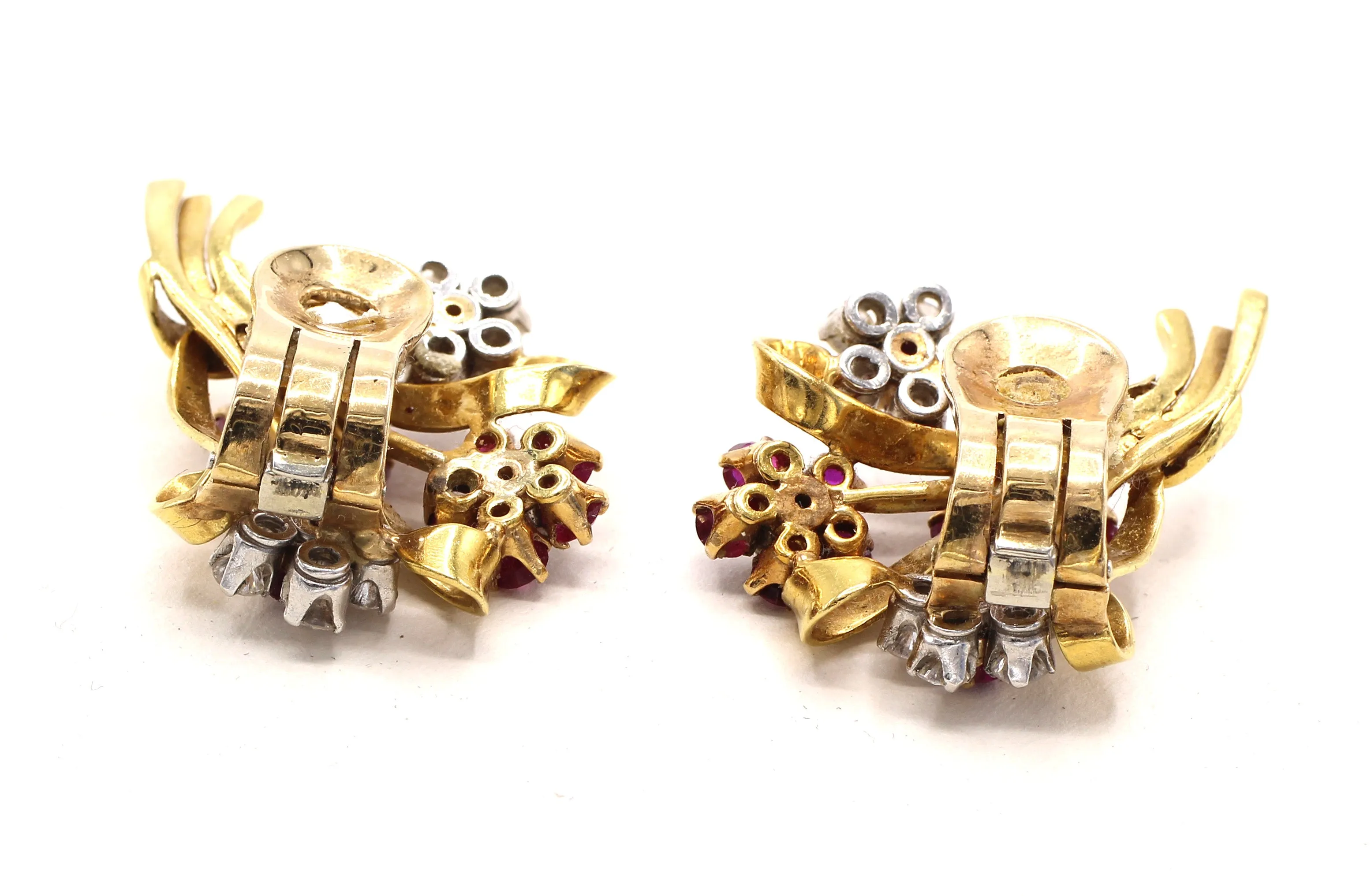 Retro Ruby Diamond 18 Karat Gold Platinum Earrings