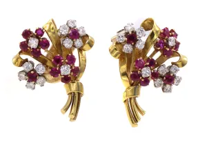 Retro Ruby Diamond 18 Karat Gold Platinum Earrings