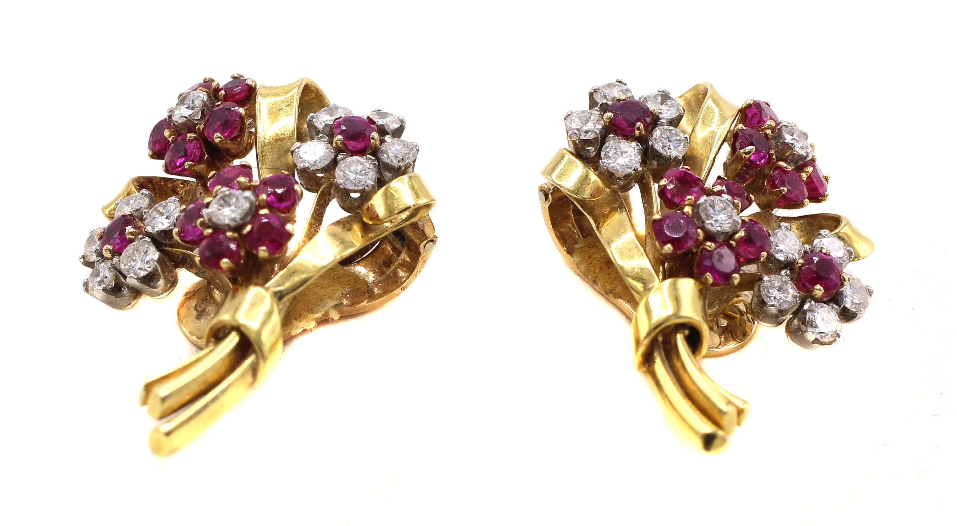 Retro Ruby Diamond 18 Karat Gold Platinum Earrings