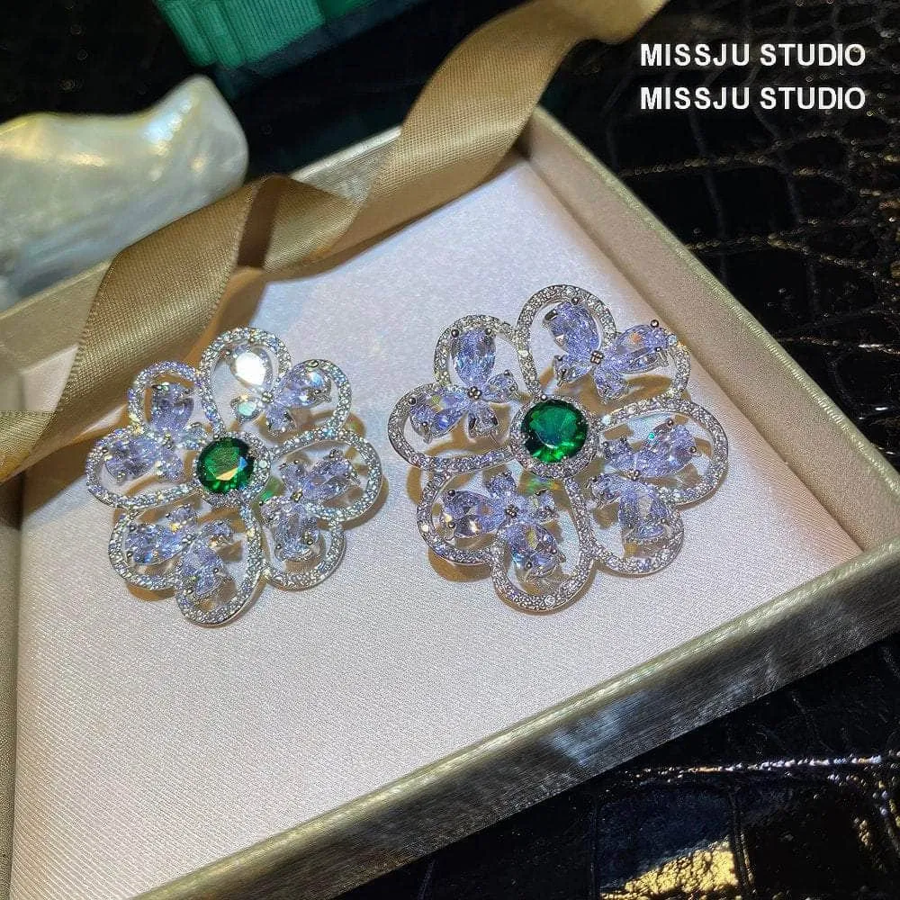 Rhinestone Inlaid Emerald Stone Round Earrings