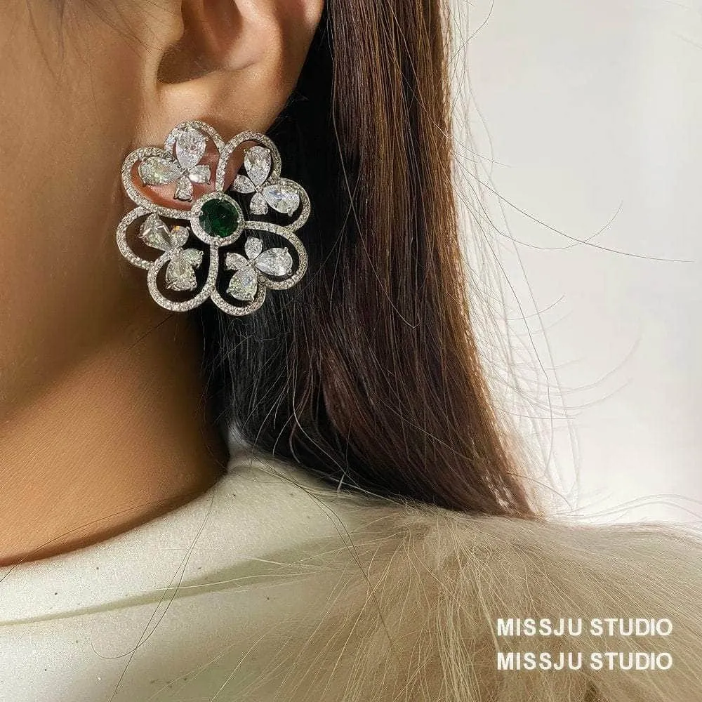 Rhinestone Inlaid Emerald Stone Round Earrings