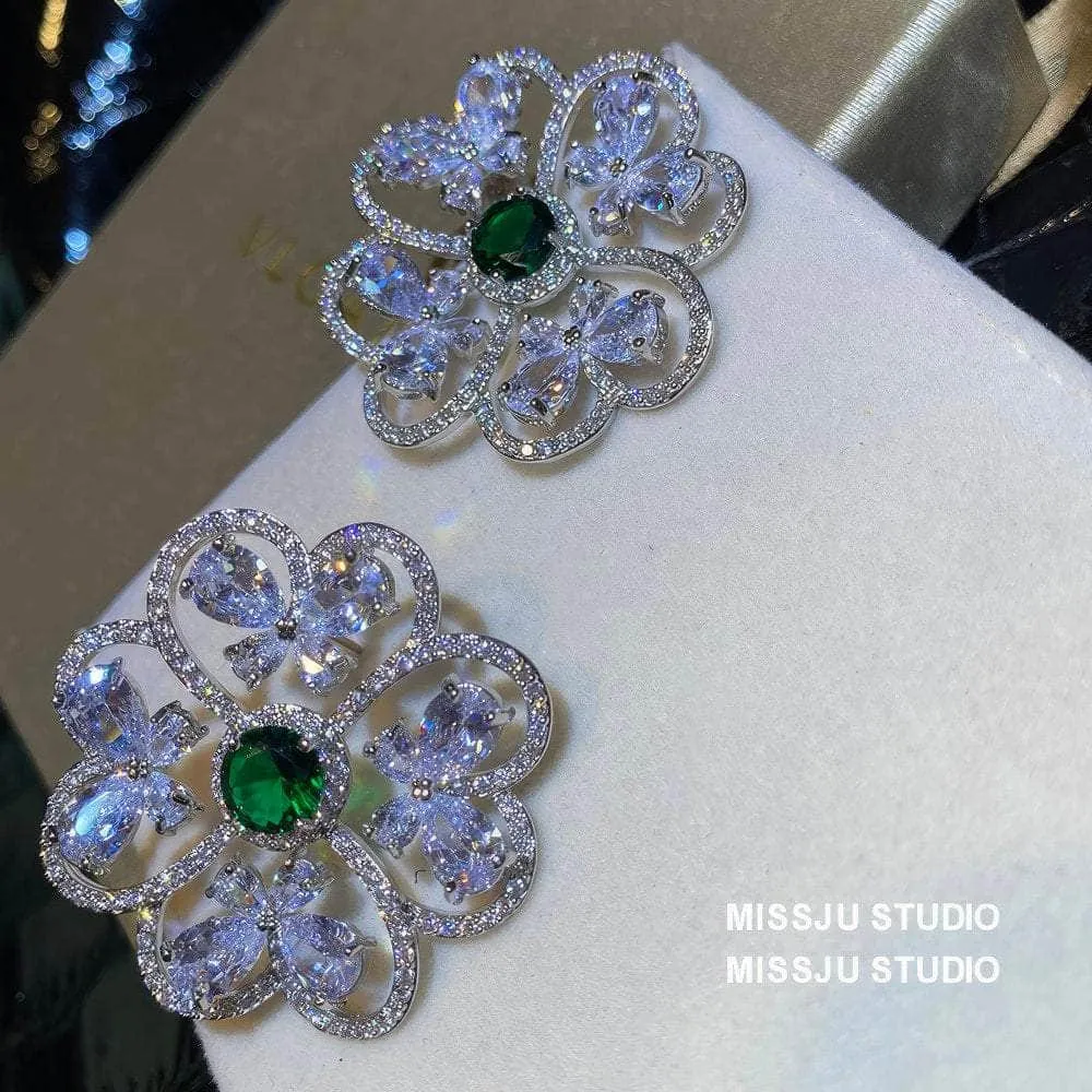 Rhinestone Inlaid Emerald Stone Round Earrings