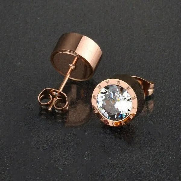 Rose Gold Roman Numeral Round Clear Crystal Earrings