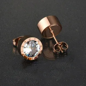 Rose Gold Roman Numeral Round Clear Crystal Earrings